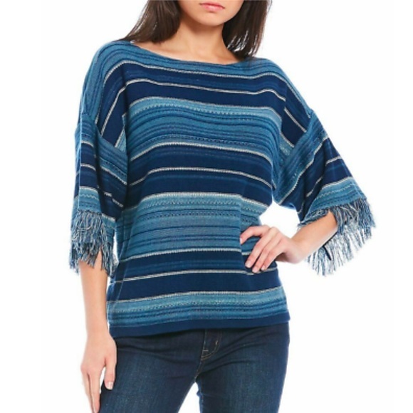 Lauren RL Striped Serape Fringed Short Sleeve Sweater - Picture 13 of 14